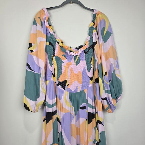 Eloquii Printed Puff Sleeve Off Shoulder Smocked Bodice Maxi Dress Size 24 - Picture 7 of 9